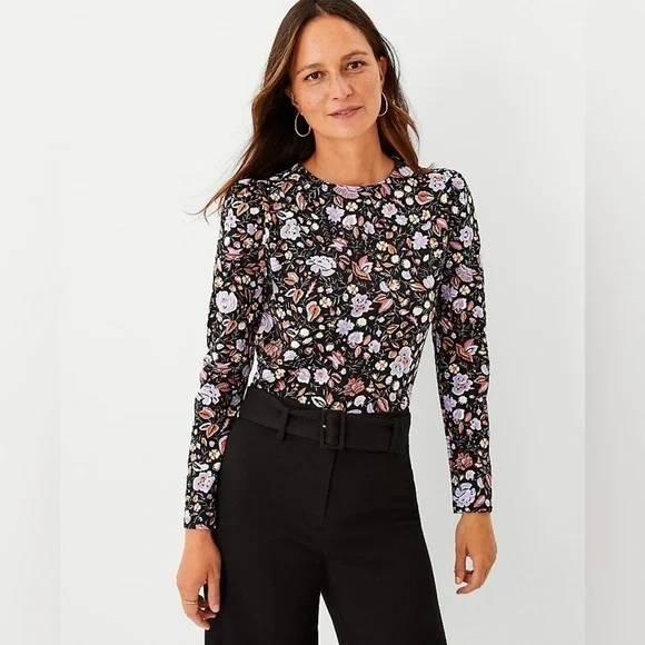 Ann Taylor Top Blouse Floral Pleated Shoulder Puff Sleeve Feminine Casual - Picture 13 of 13